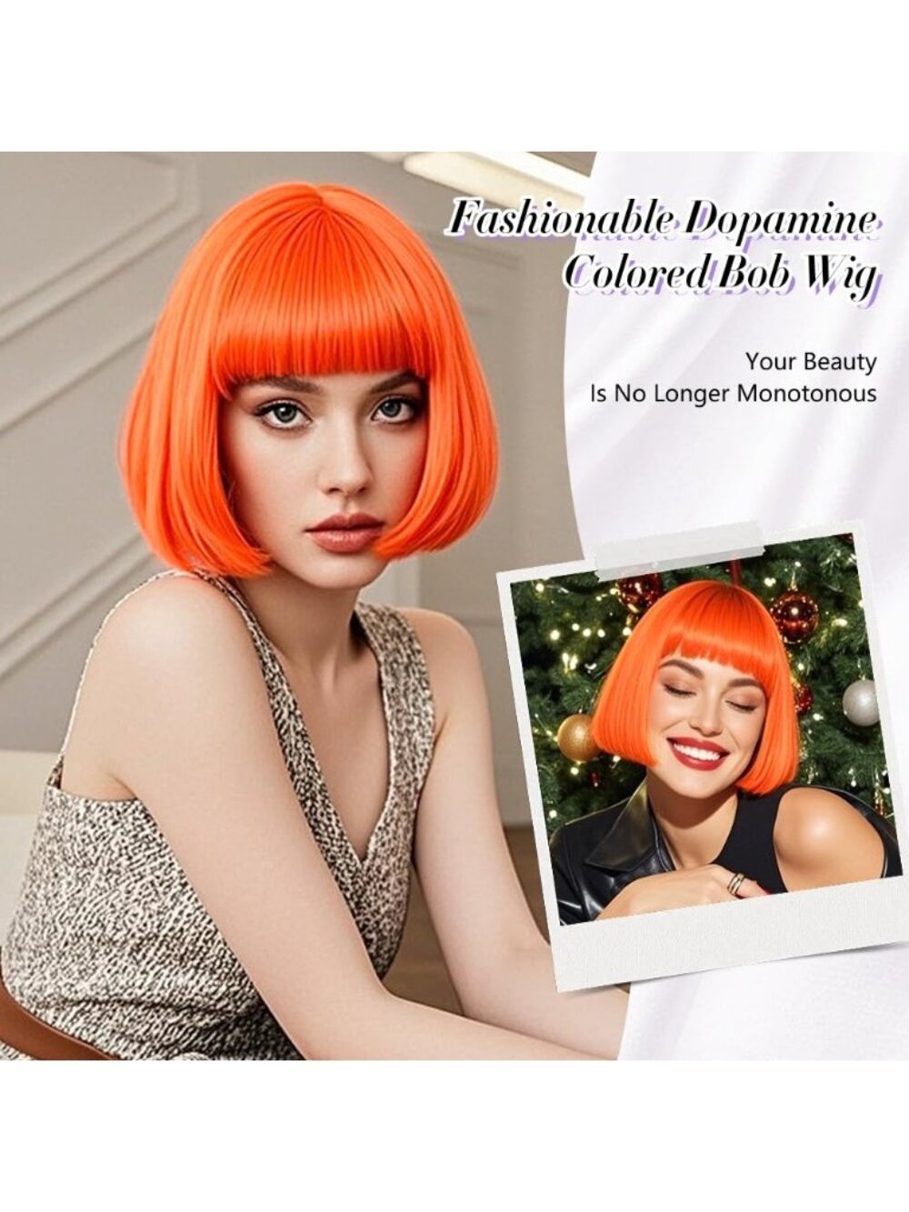 Women Orange Heat Resistant Synthetic Bob Party Neon Wig Bangs 12 Inch - Picture 4 of 7